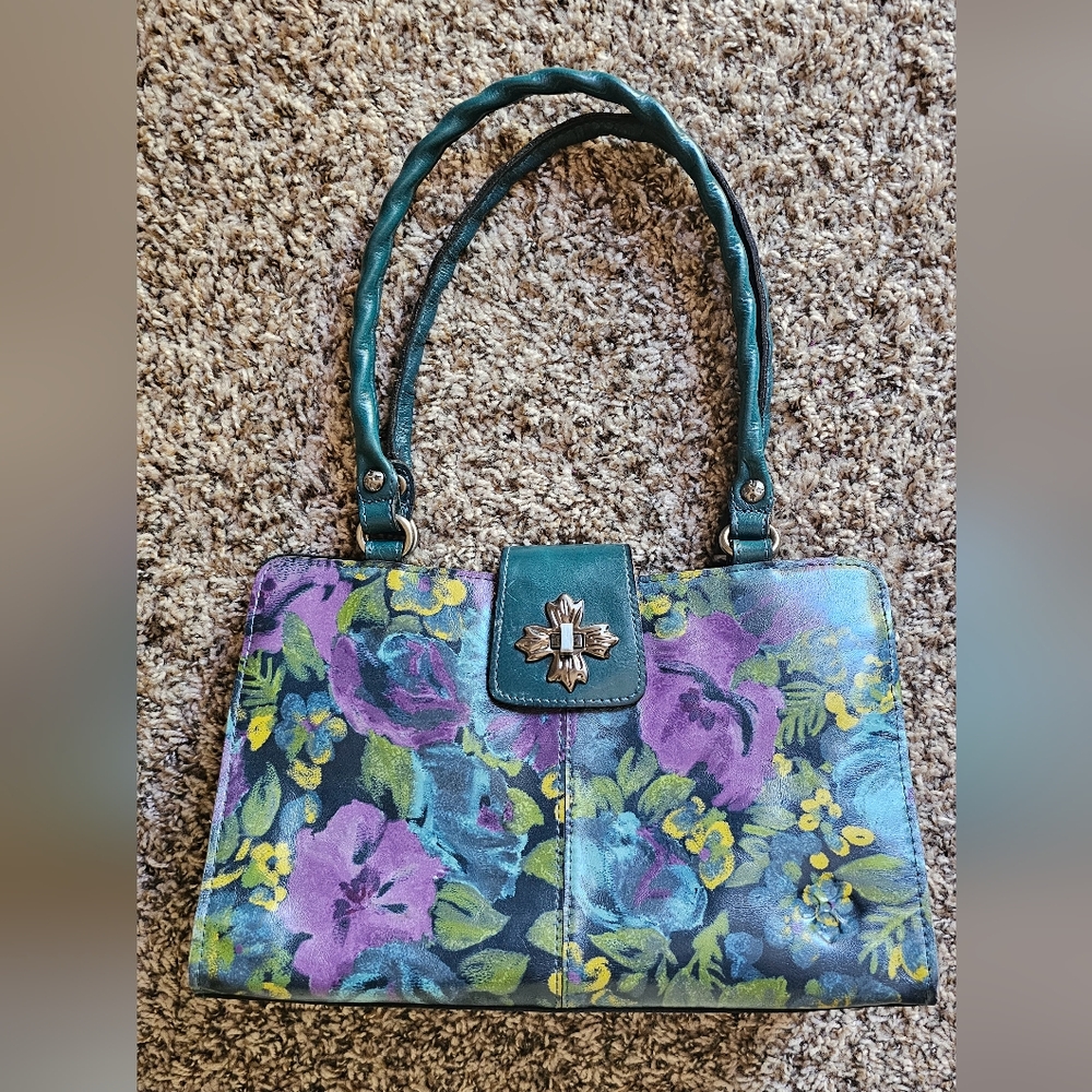 Patricia Nash Teal Floral Leather Tote Bag with Purple & Yellow Accents - Picture 2 of 13